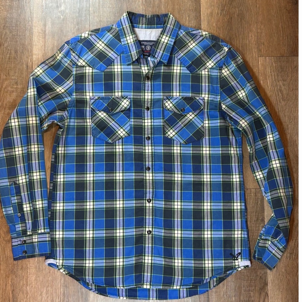 Y2K American Eagle Mens Vintage Fit Plaid Western Snap Button Polo Blue Green M
